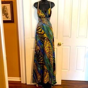 “CACHE” Silk Sequin Beaded Animal Print Mermaid Gown